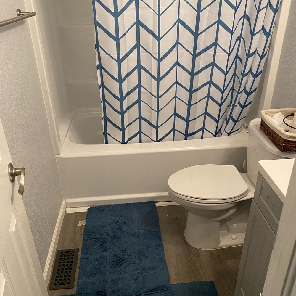 Blue Chevron Shower Curtain and Bath Mat Set